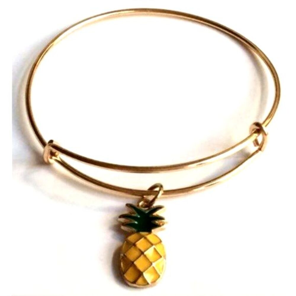 Gold Tone Pineapple Charm Bracelet Adjustable Island Beach Hawaiian Enamel Fruit